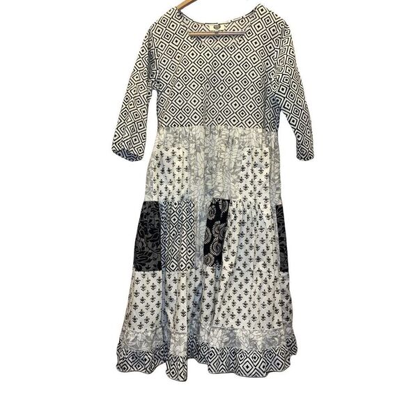 Women's CATALOG CLASSICS Black White Floral Patchwork BOHO Dress Size S/M - Picture 1 of 9